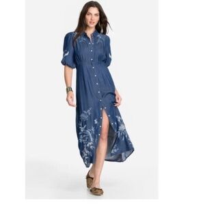 Johnny Was L Jacqueline Puff sleeve embroidered denim jean dress